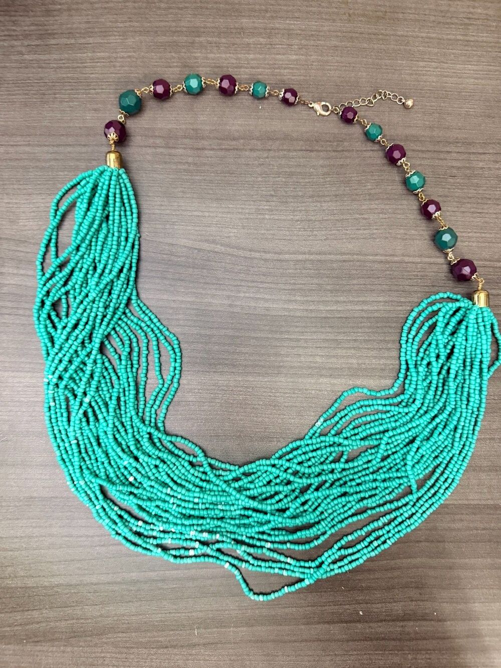 Multi Strand Turquoise Seed Bead Statement Necklace Bib Style Gold Tone